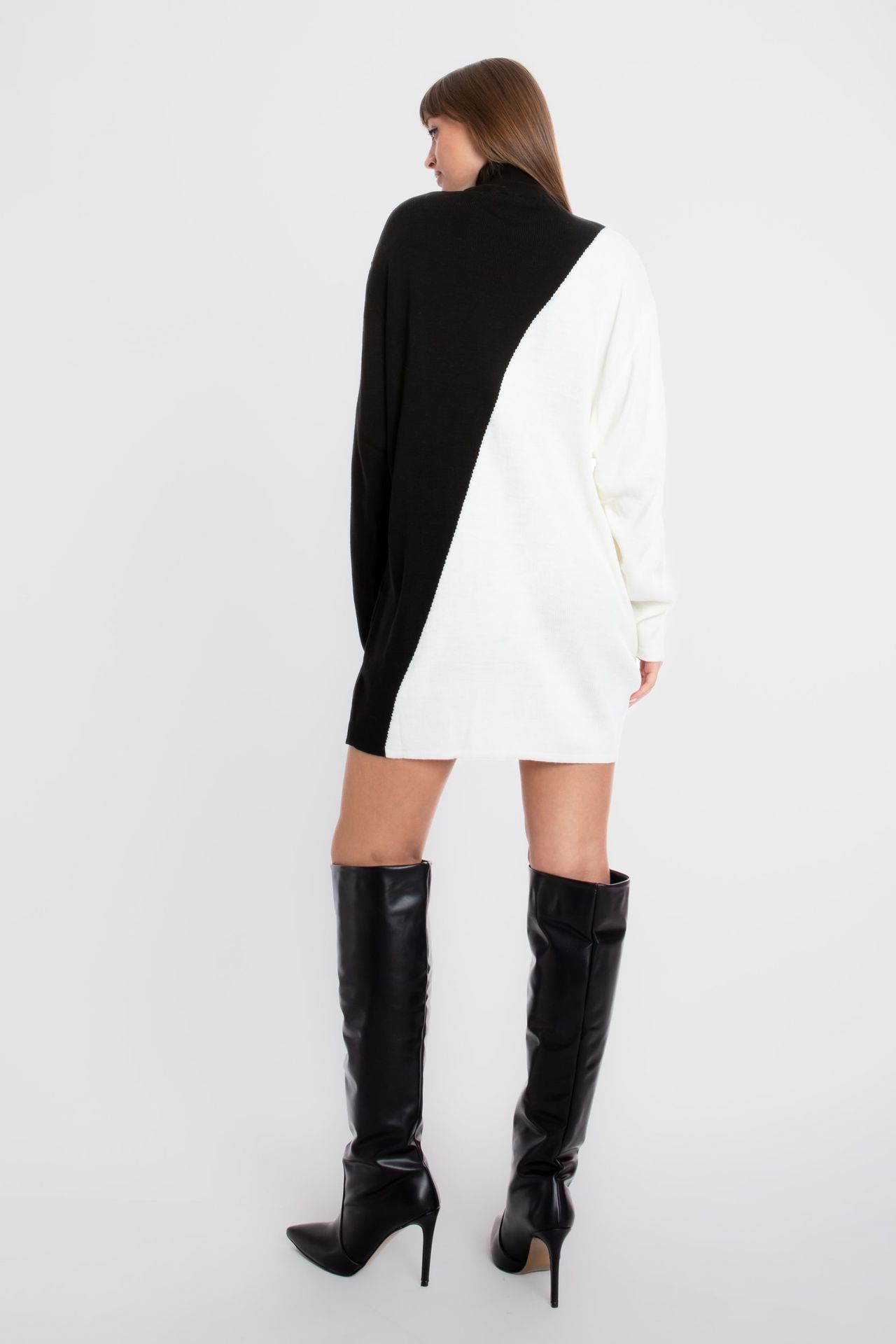 Knitted Geometric High Neck Long Sleeve Mini Dress