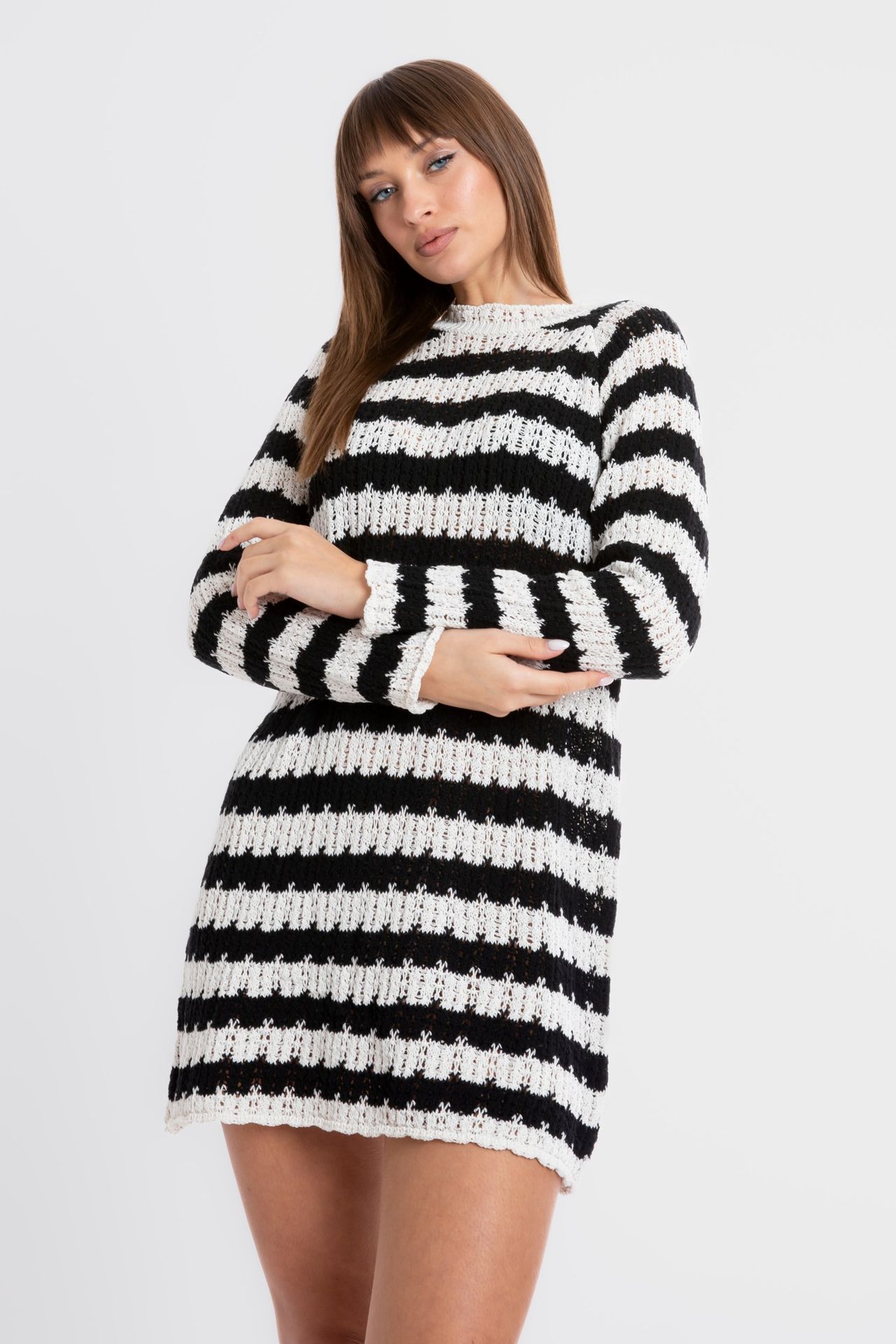 Knitted Striped Crew Neck Long Sleeve Mini Dress
