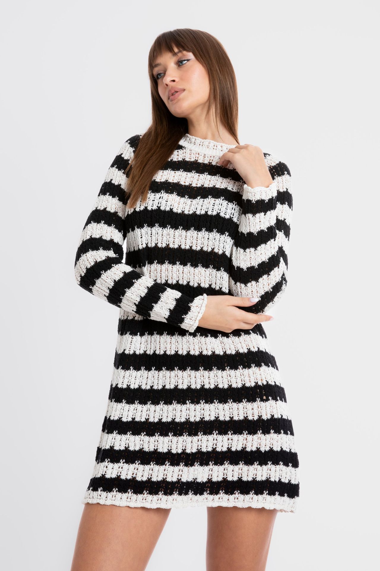 Knitted Striped Crew Neck Long Sleeve Mini Dress
