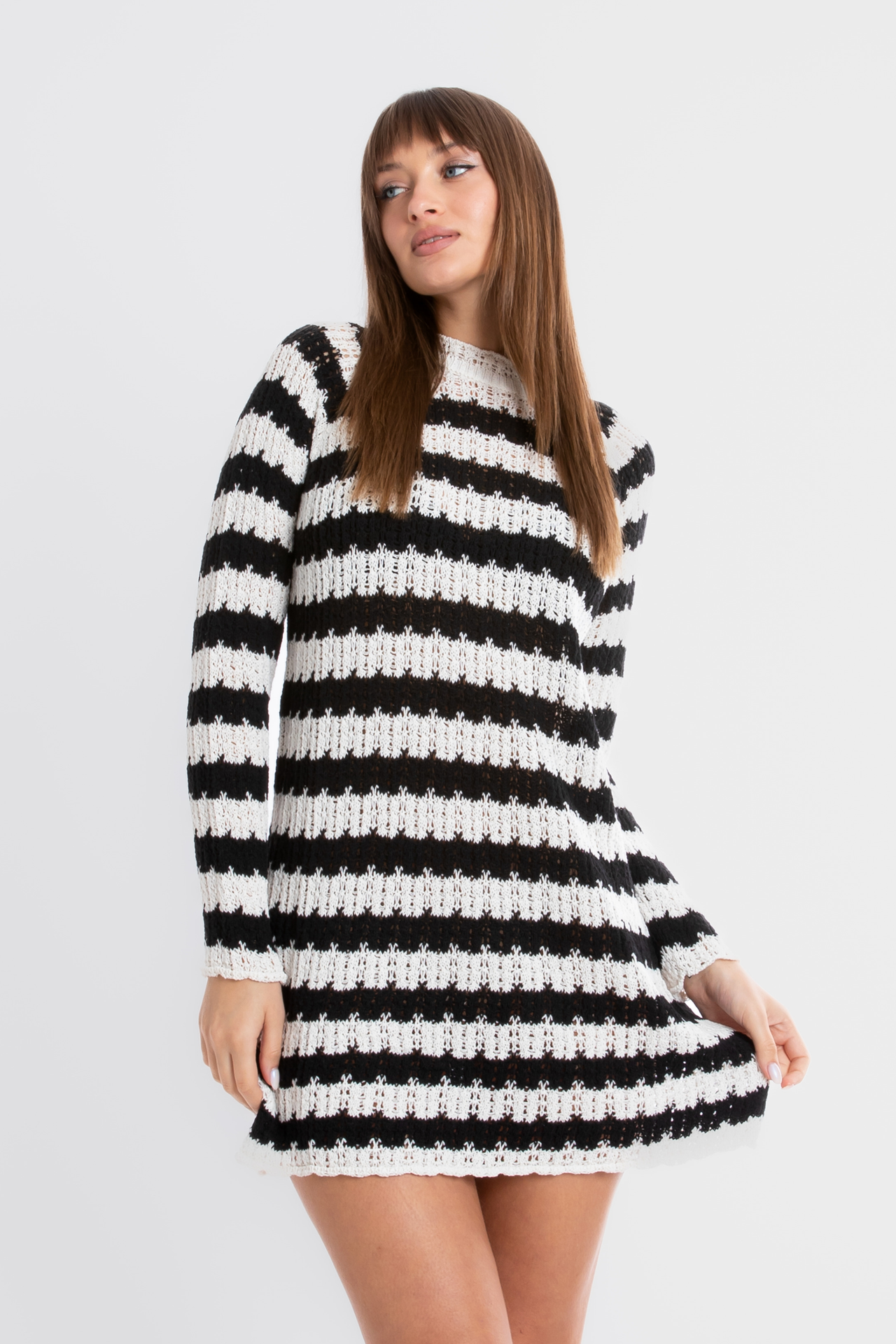 Knitted Striped Crew Neck Long Sleeve Mini Dress