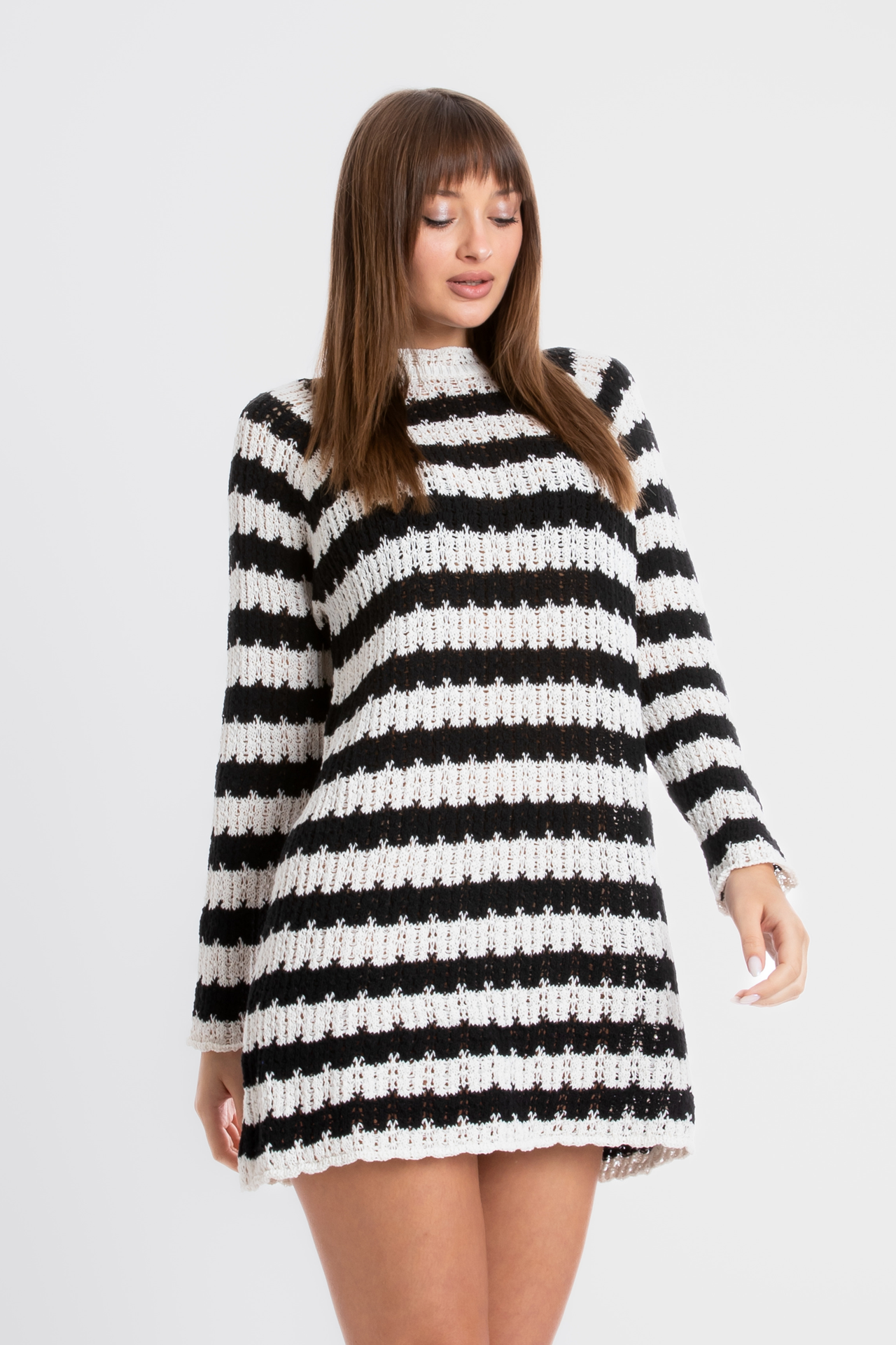 Knitted Striped Crew Neck Long Sleeve Mini Dress