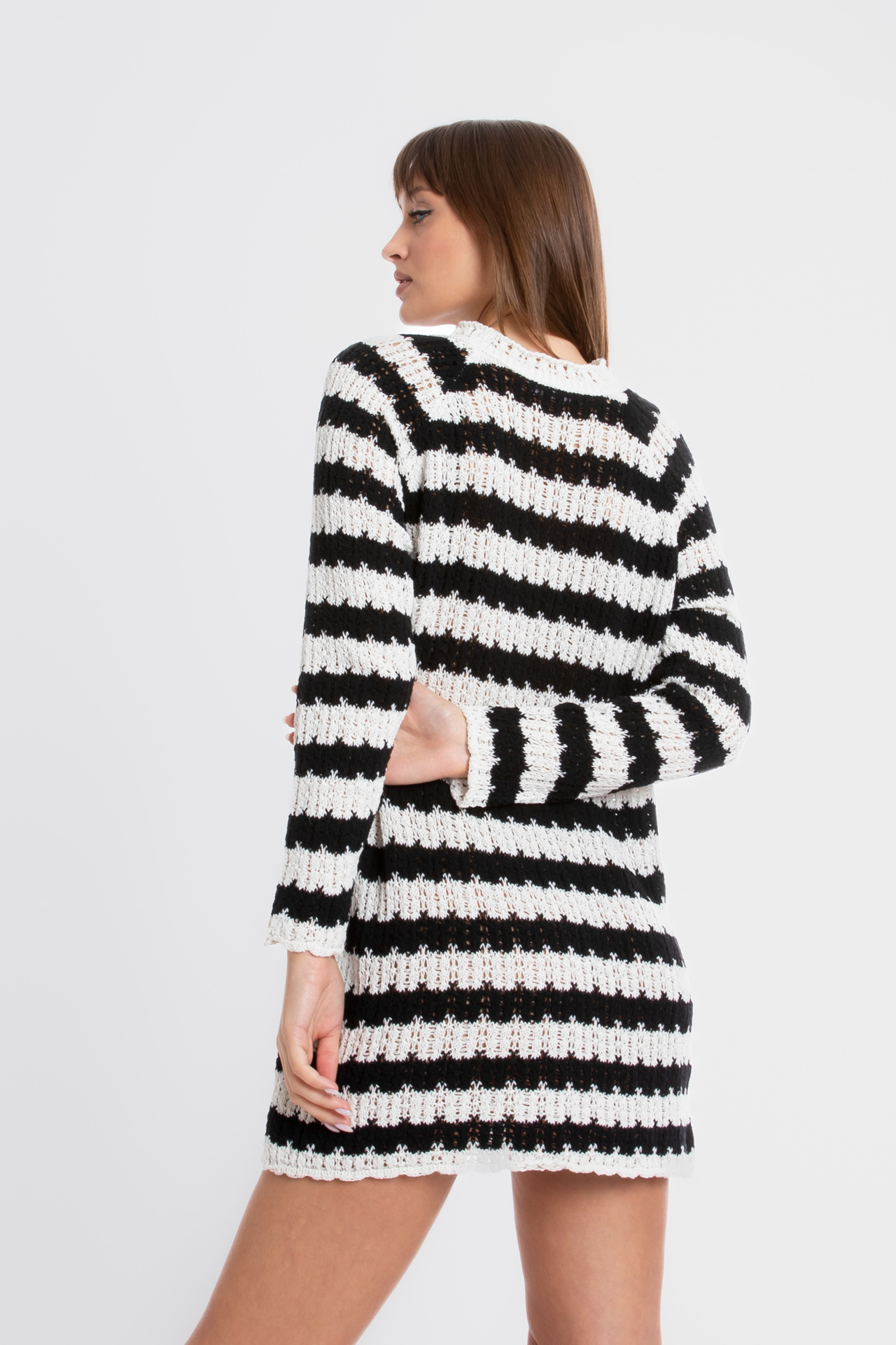 Knitted Striped Crew Neck Long Sleeve Mini Dress