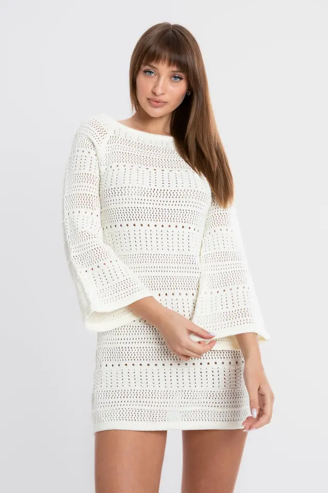 Knitted Boat Neck Long Sleeve Mini Dress