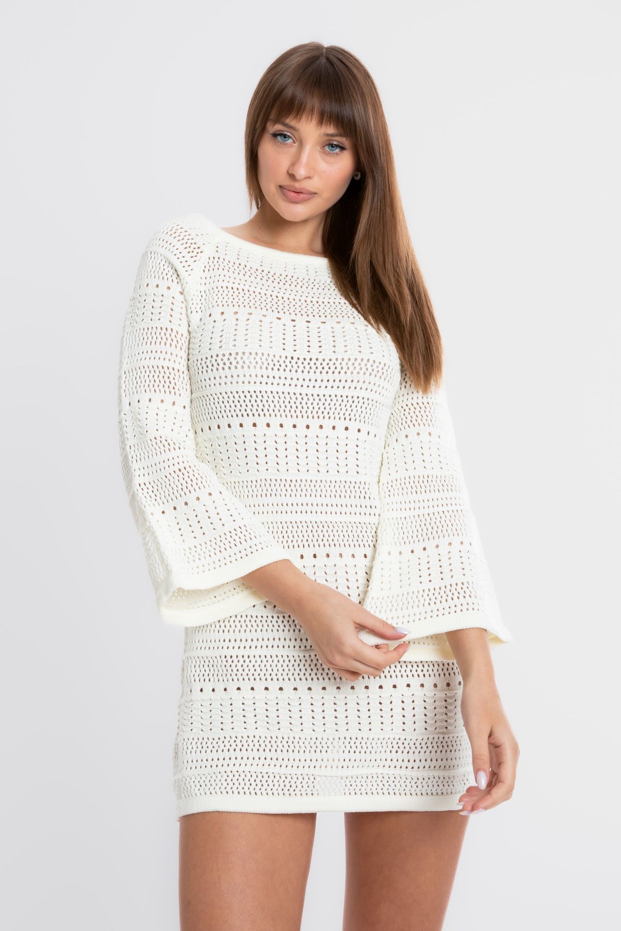 Knitted Boat Neck Long Sleeve Mini Dress