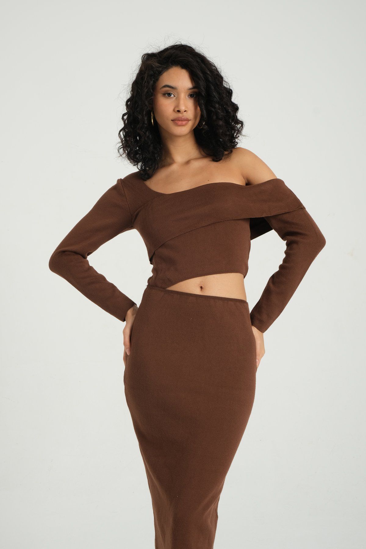 Knitted One Shoulder Asymmetrical Cut Out Maxi Bodycon Dress