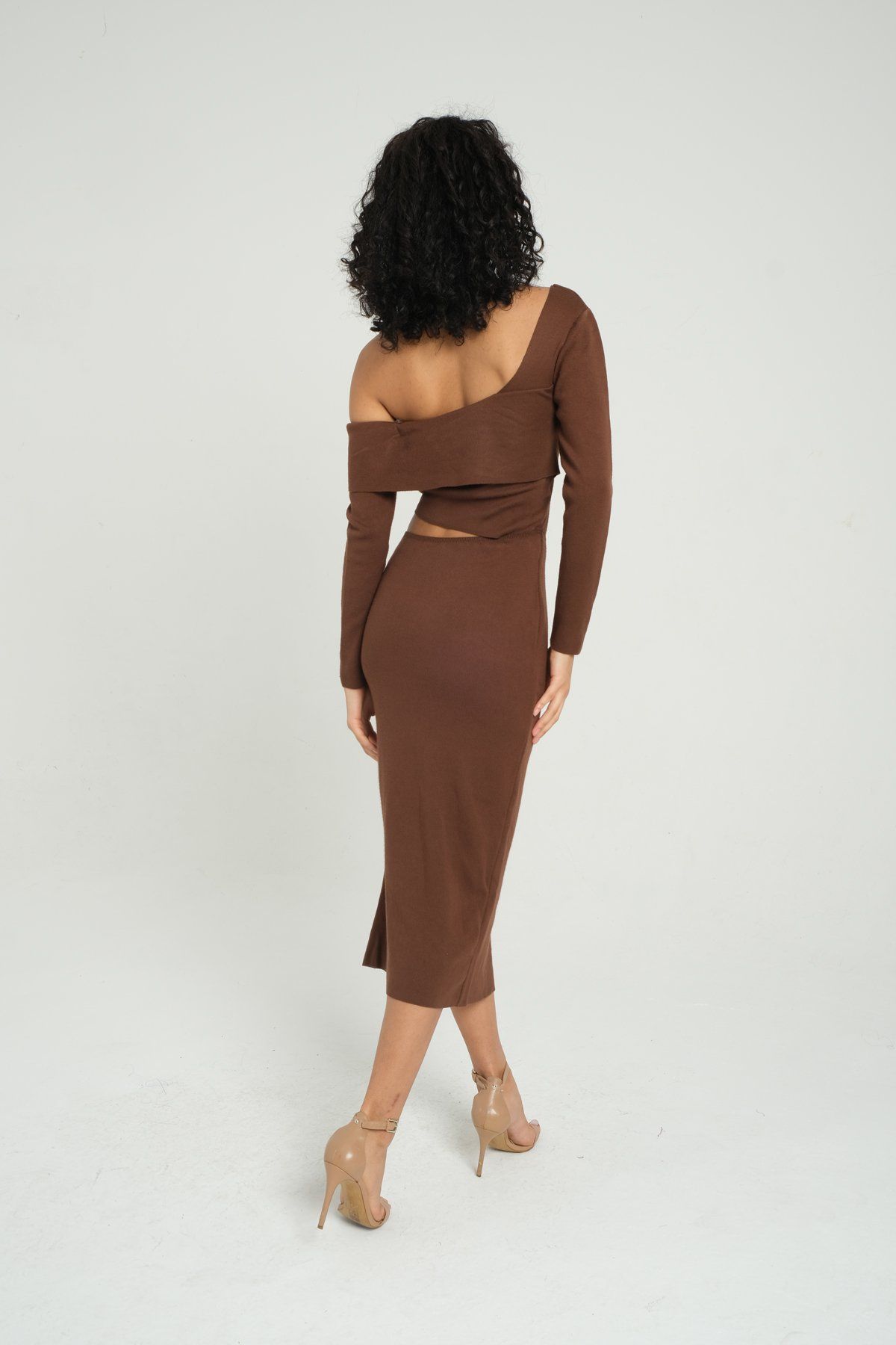 Knitted One Shoulder Asymmetrical Cut Out Maxi Bodycon Dress