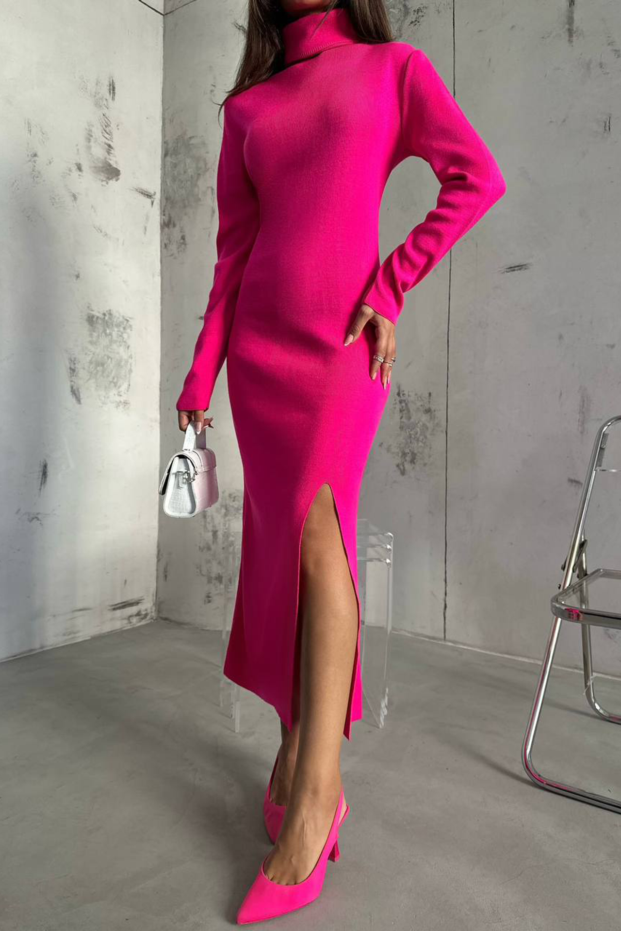 High Neck Slit Long Sleeve Maxi Dress