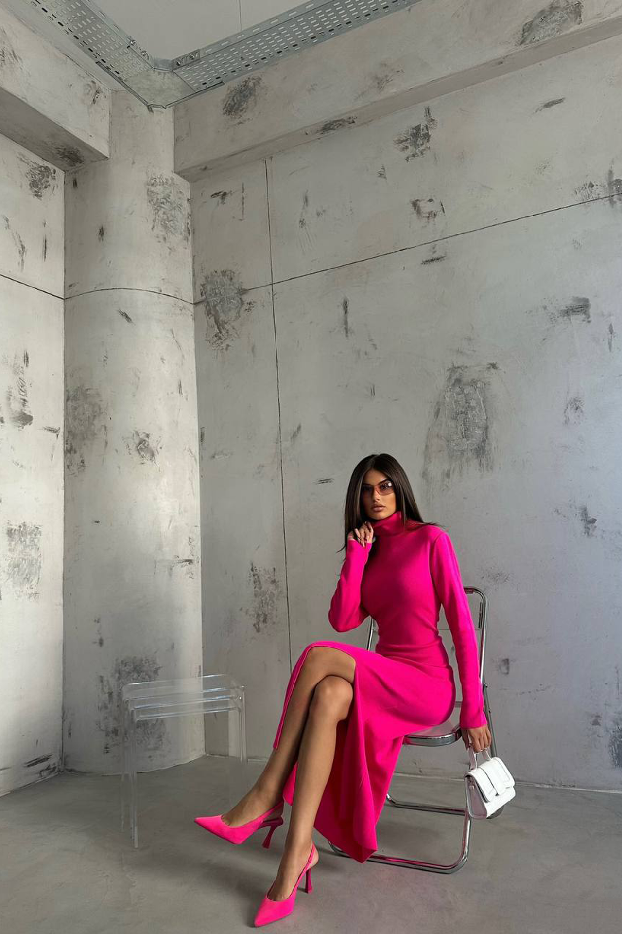 High Neck Slit Long Sleeve Maxi Dress
