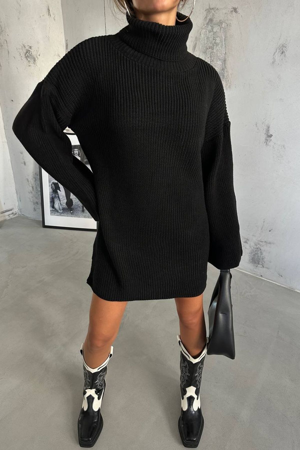 Knitted Turtleneck Long Sleeve Mini Oversized Dress