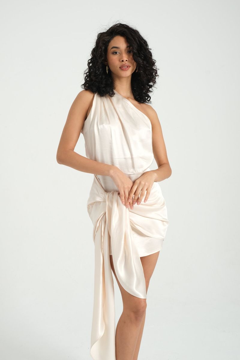 Satin One Shoulder Mini Wrap Dress with a Asymmetrical Tie 2