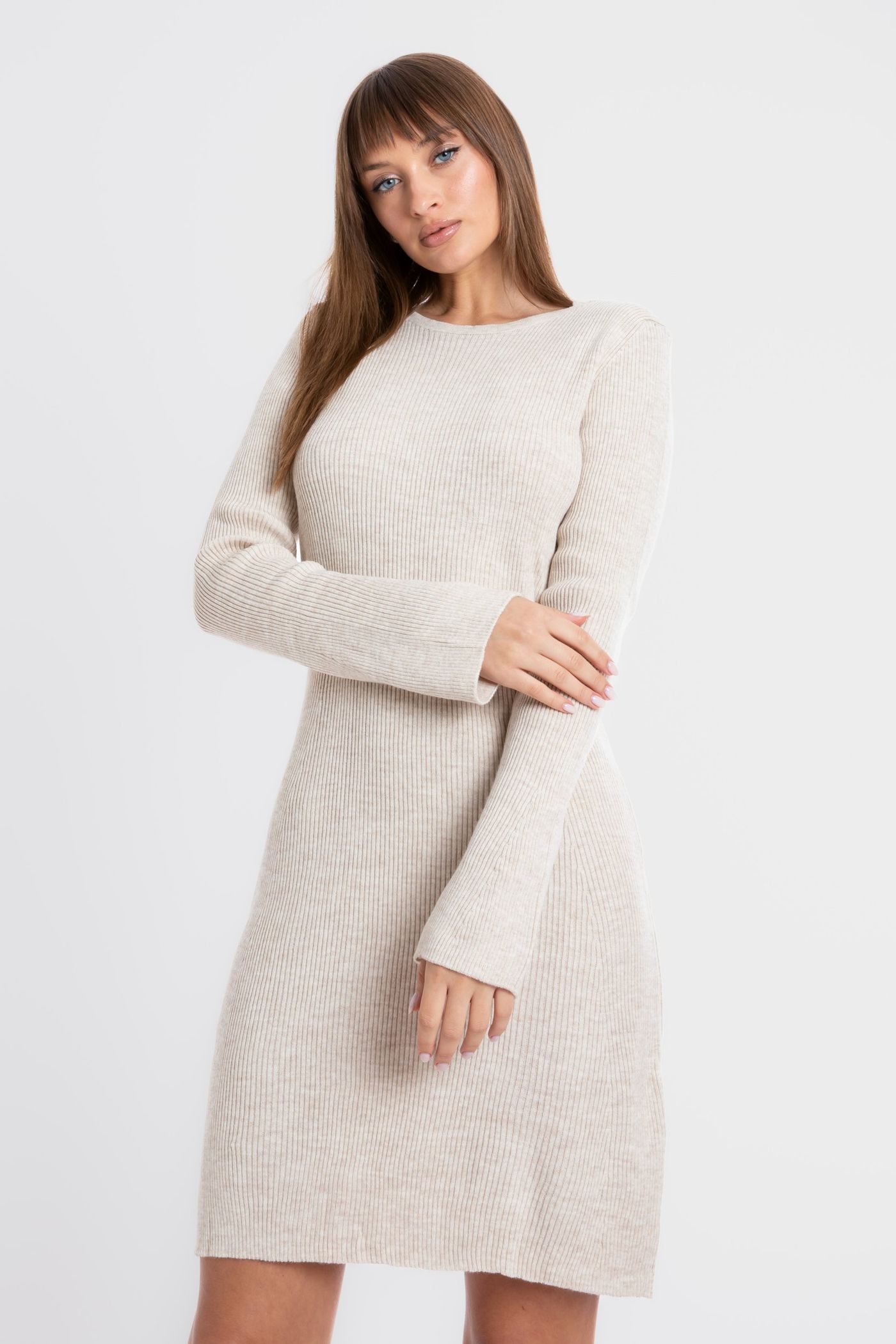 Knitted Round Neck Long Sleeve Mini Dress with a Back Cut Out