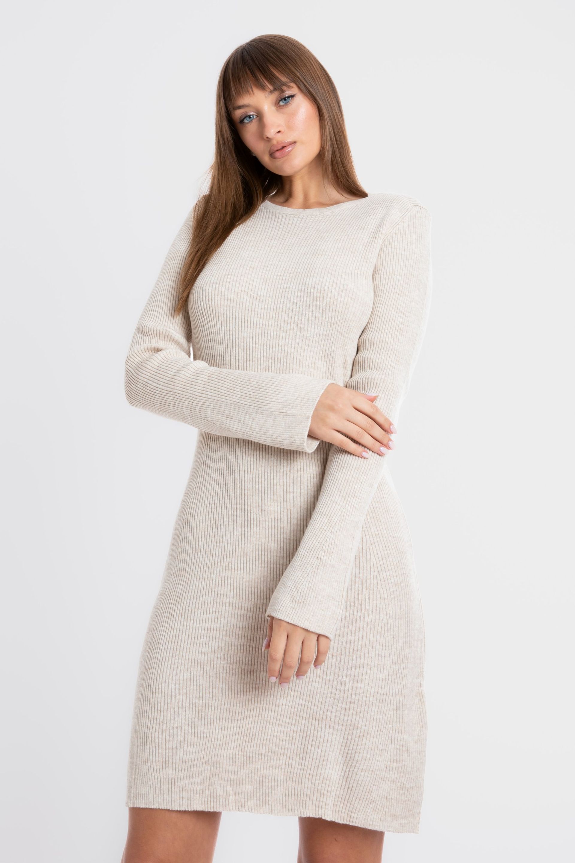 Natural Knitted Round Neck Long Sleeve Mini Dress With A Back Cut Out Women