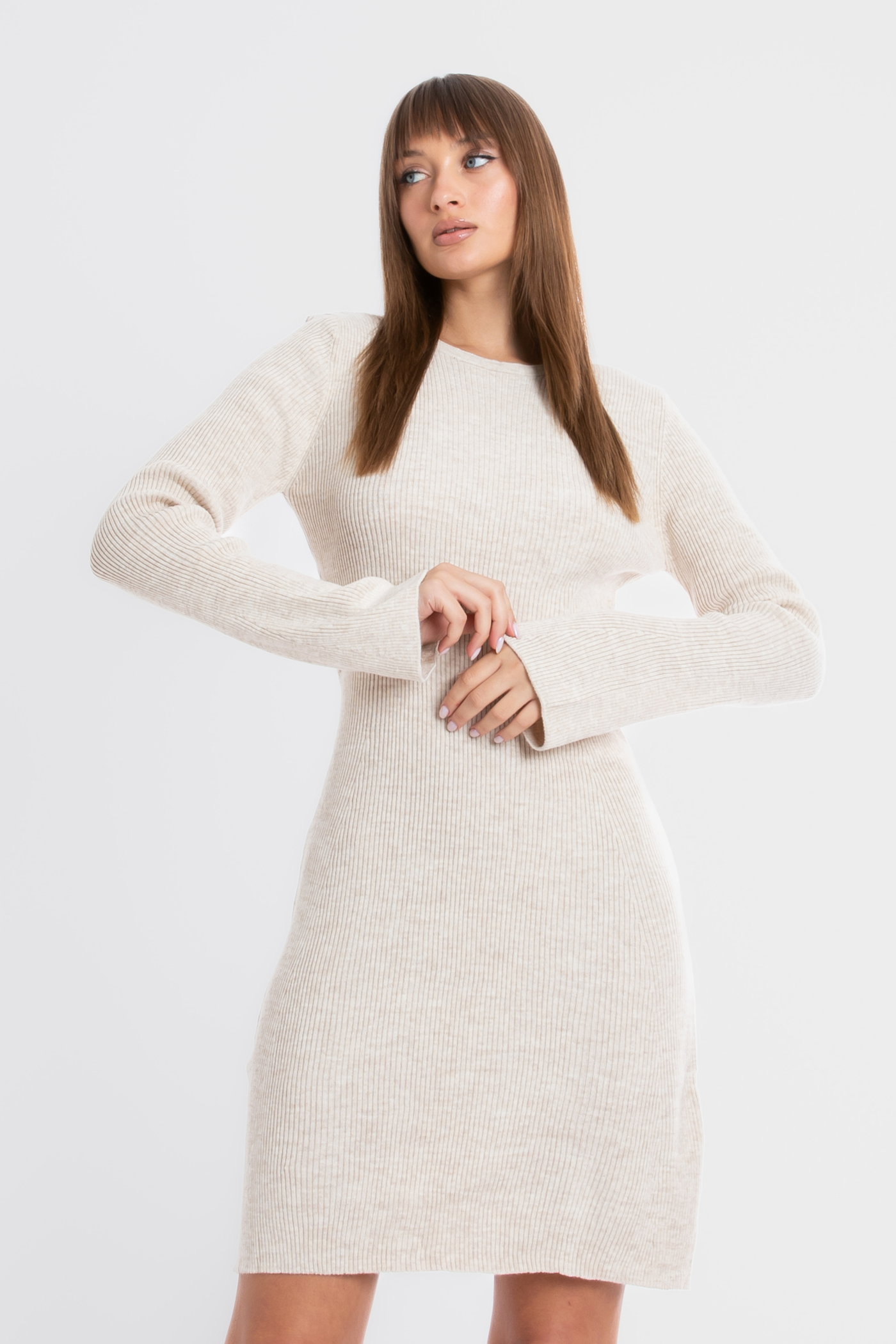 Knitted Round Neck Long Sleeve Mini Dress with a Back Cut Out