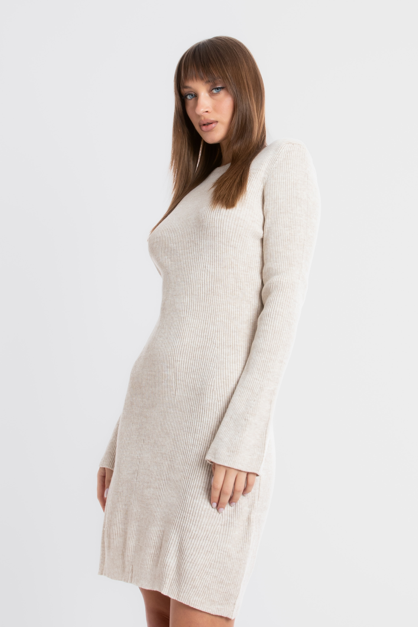 Knitted Round Neck Long Sleeve Mini Dress with a Back Cut Out