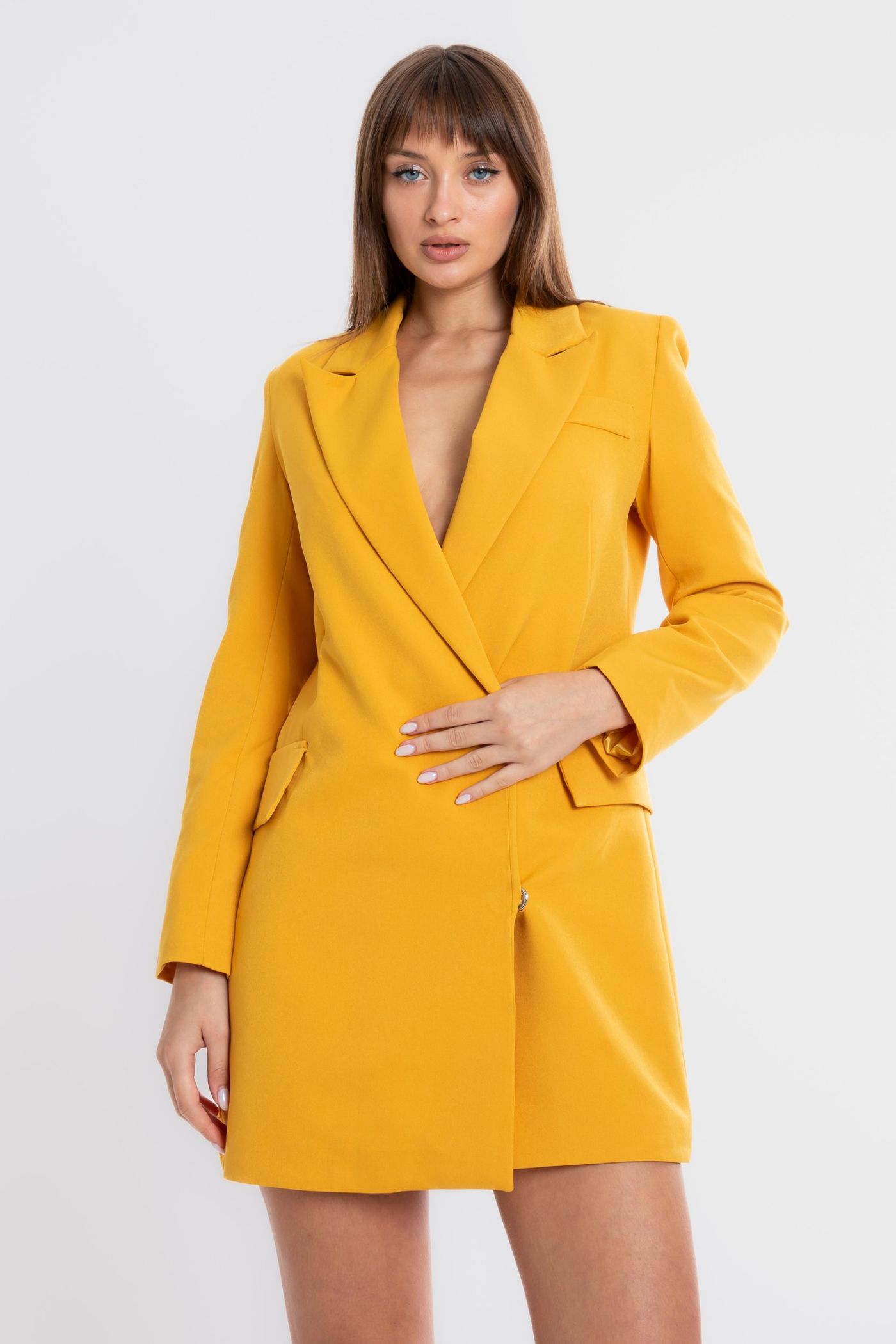 V Neck Pocket Long Sleeve Mini Blazer Dress