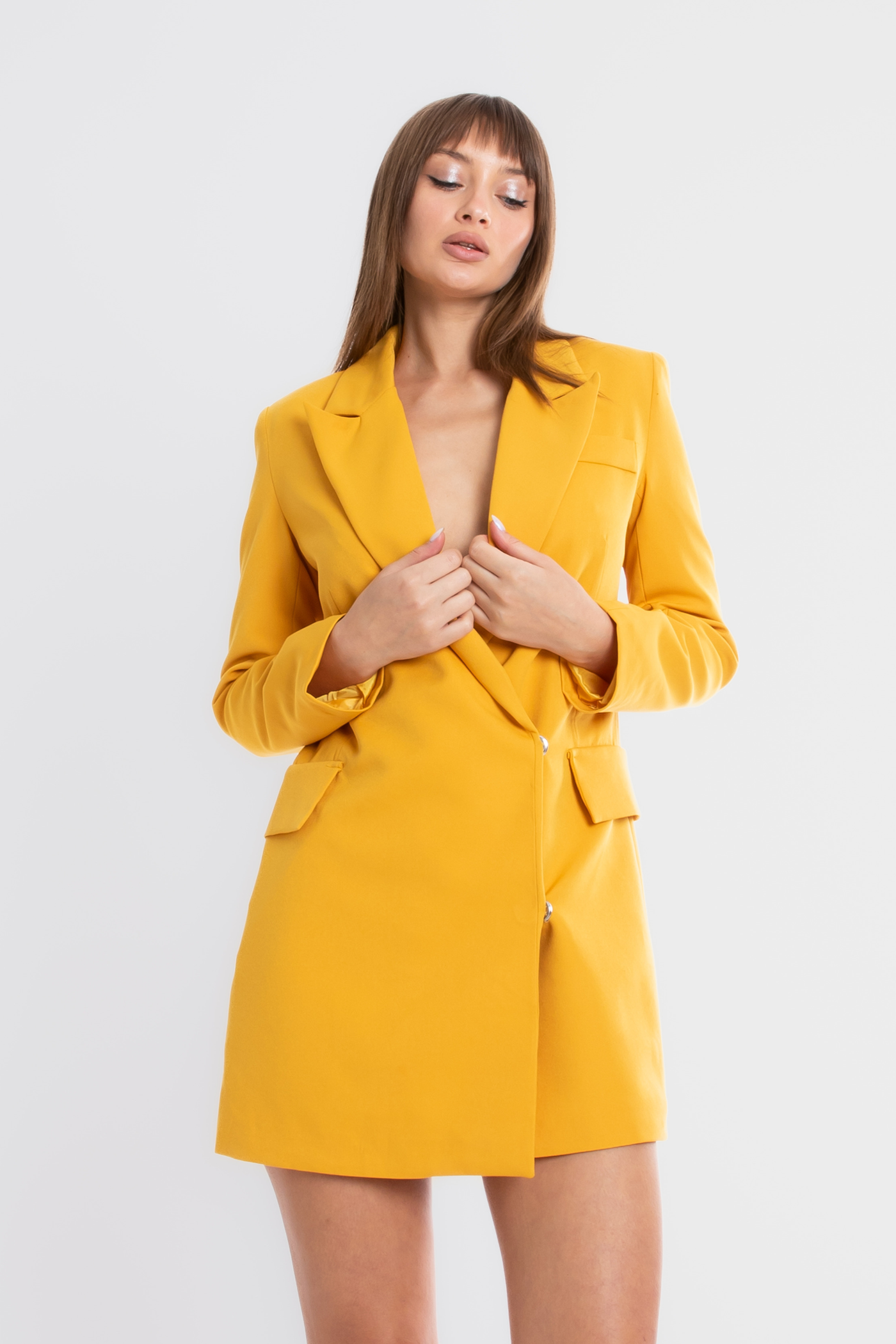 V Neck Pocket Long Sleeve Mini Blazer Dress