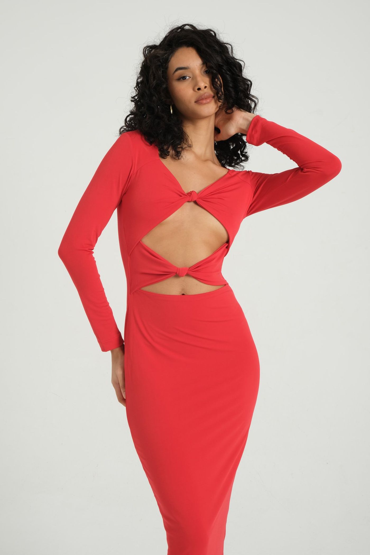 Scoop Neck Cut Out Long Sleeve Midi Dress