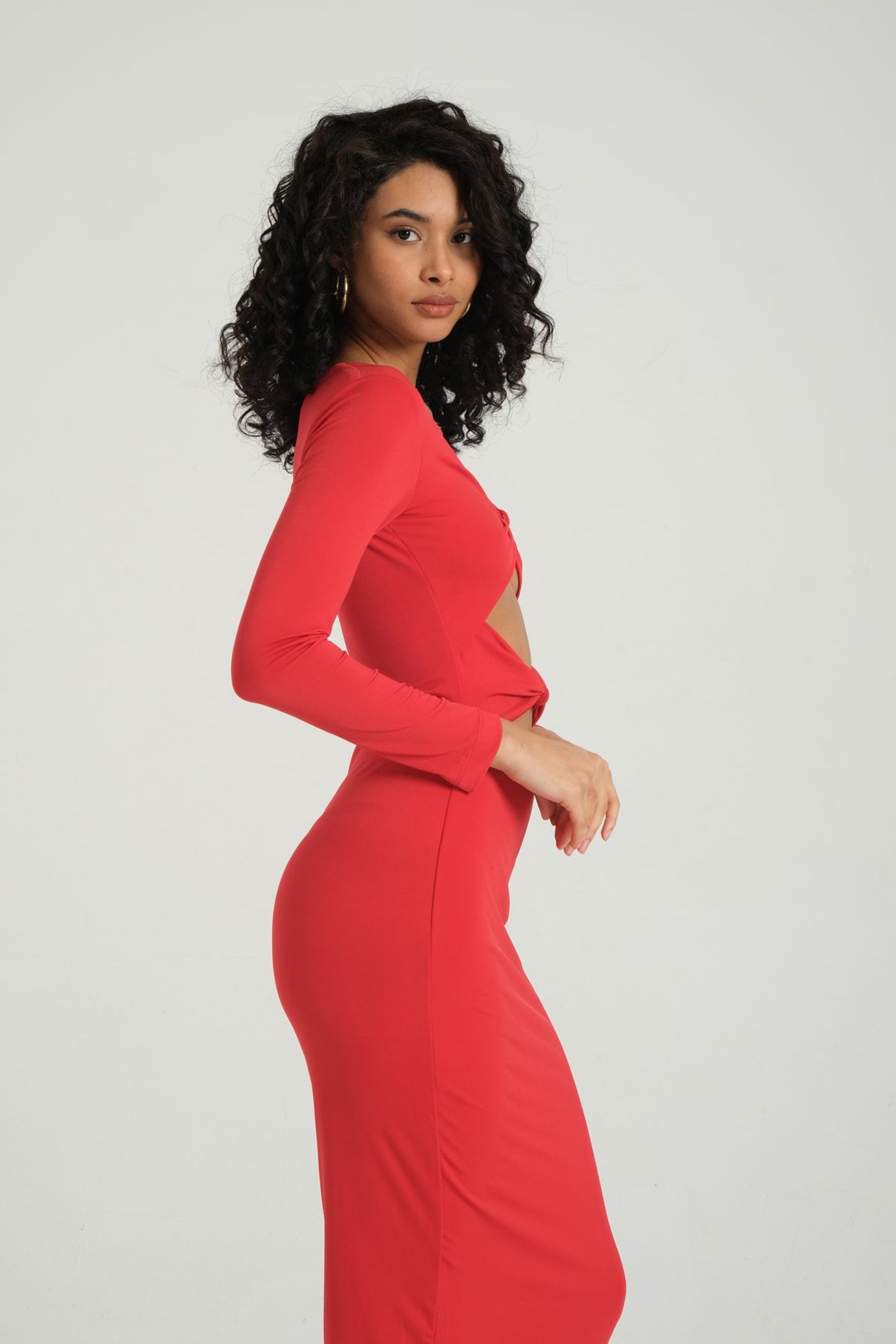 Scoop Neck Cut Out Long Sleeve Midi Dress