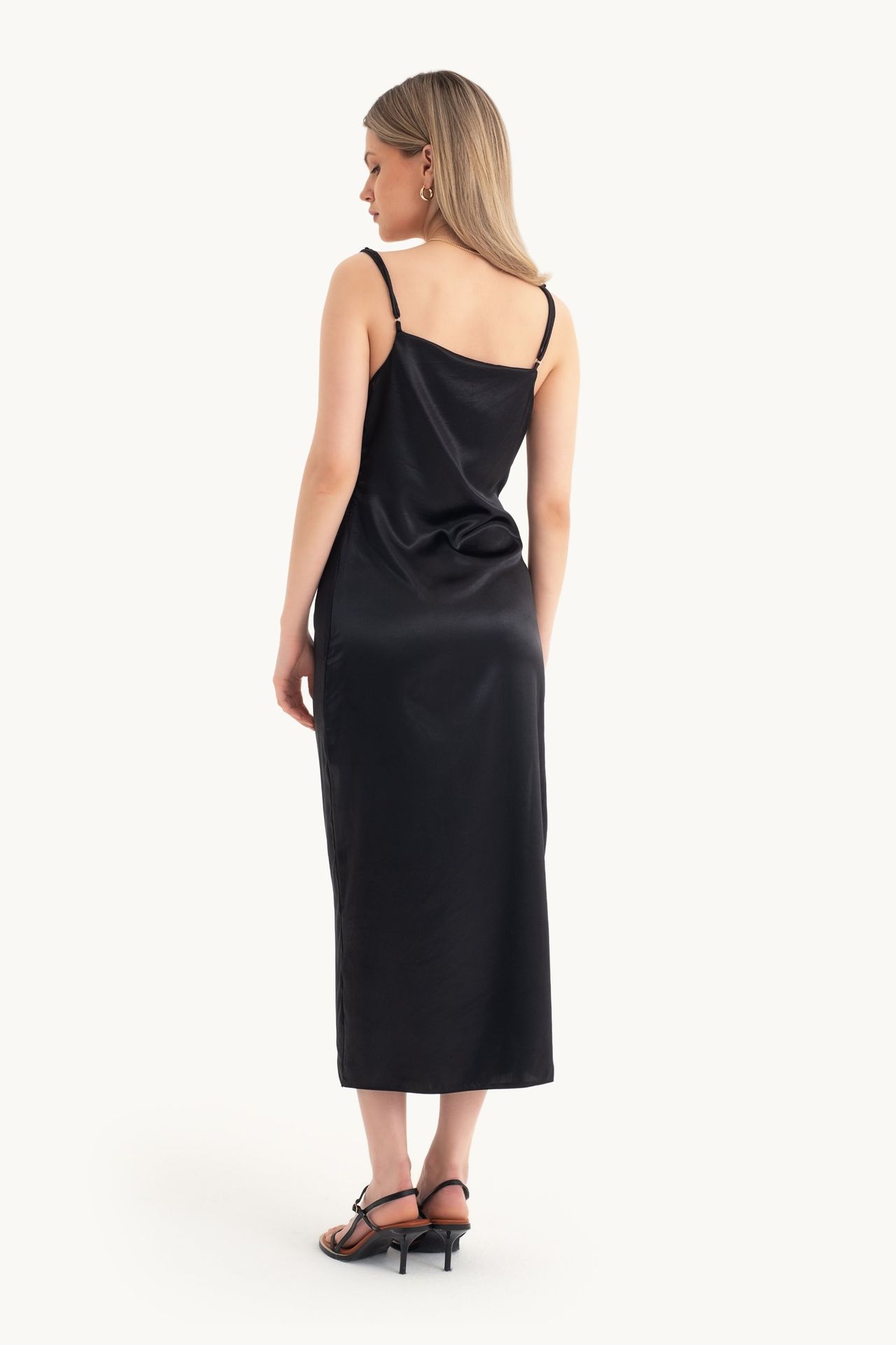 Satin Cowl Neck Strappy Slit Maxi Dress