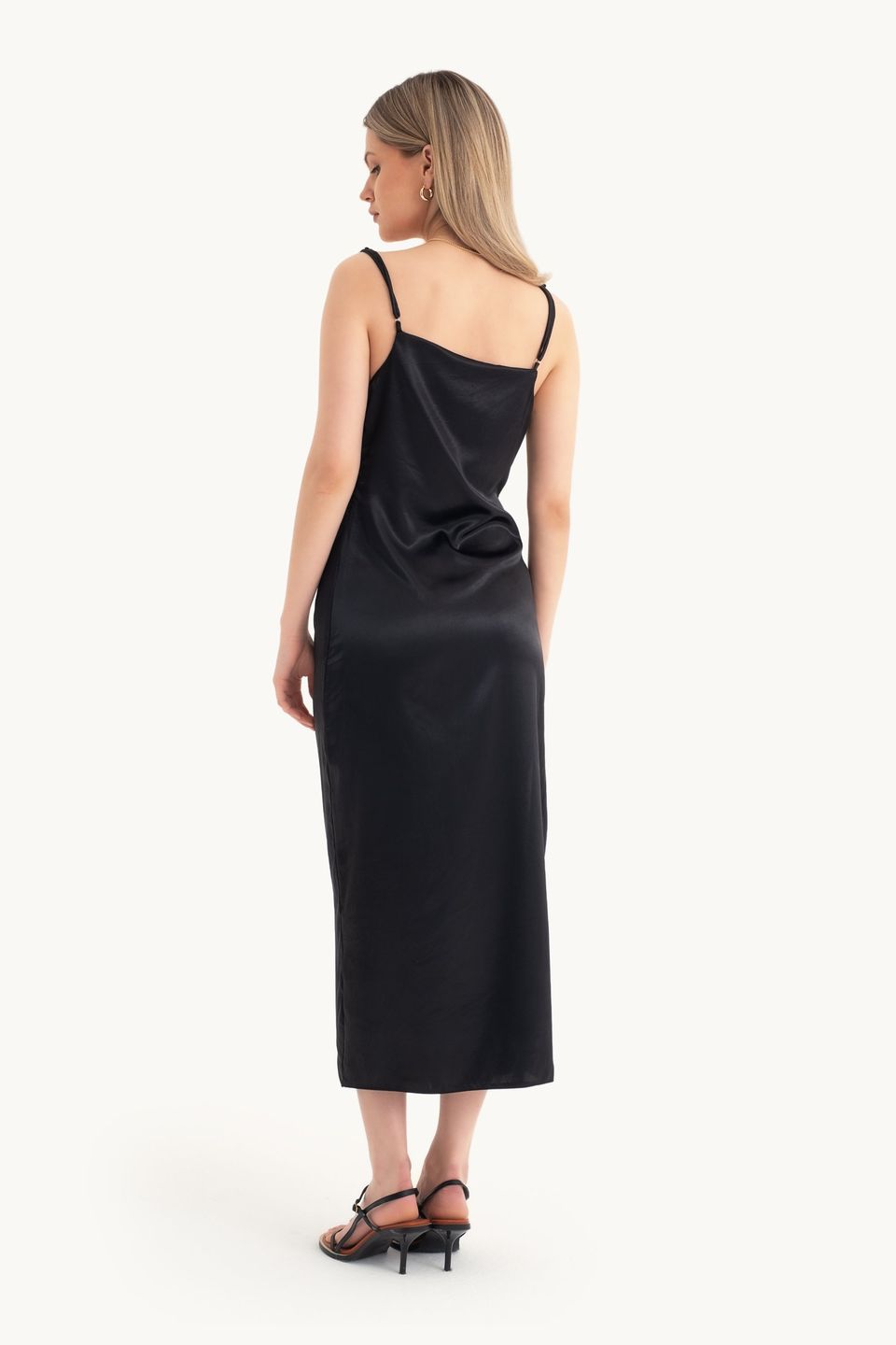 Satin Cowl Neck Strappy Slit Maxi Dress