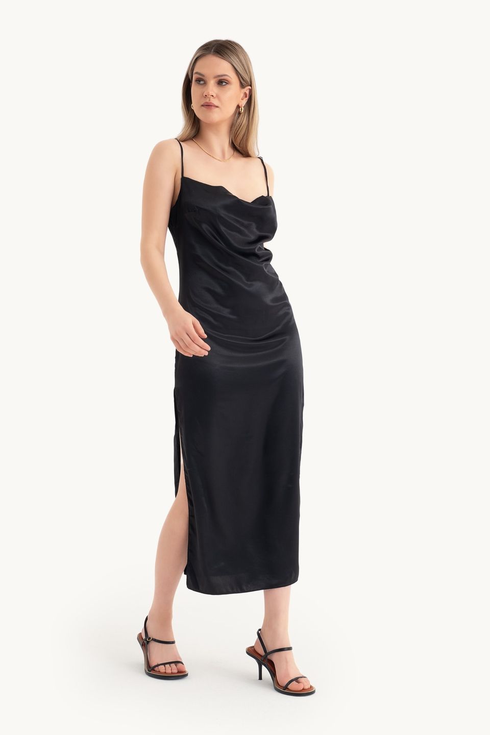Satin Cowl Neck Strappy Slit Maxi Dress