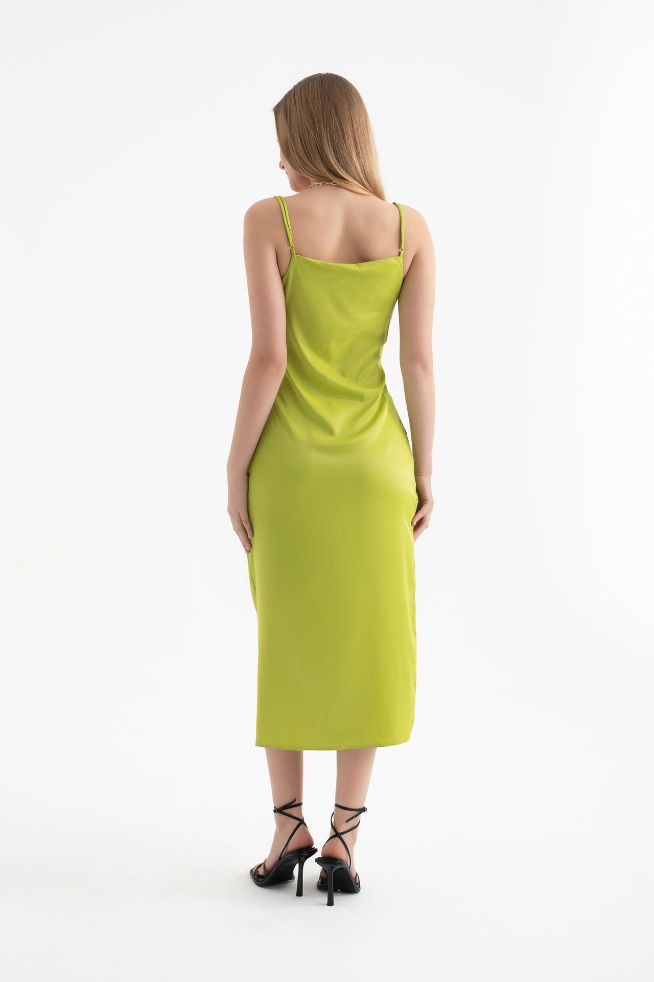 Satin Cowl Neck Strappy Slit Maxi Dress