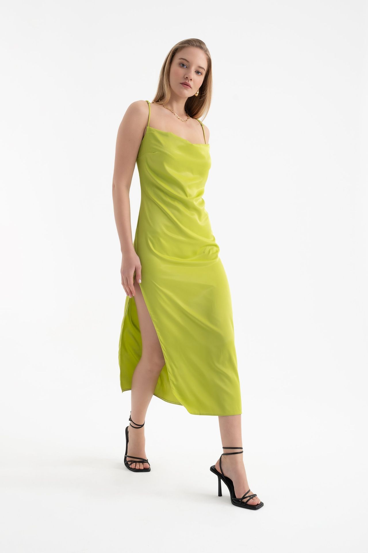 Satin Cowl Neck Strappy Slit Maxi Dress