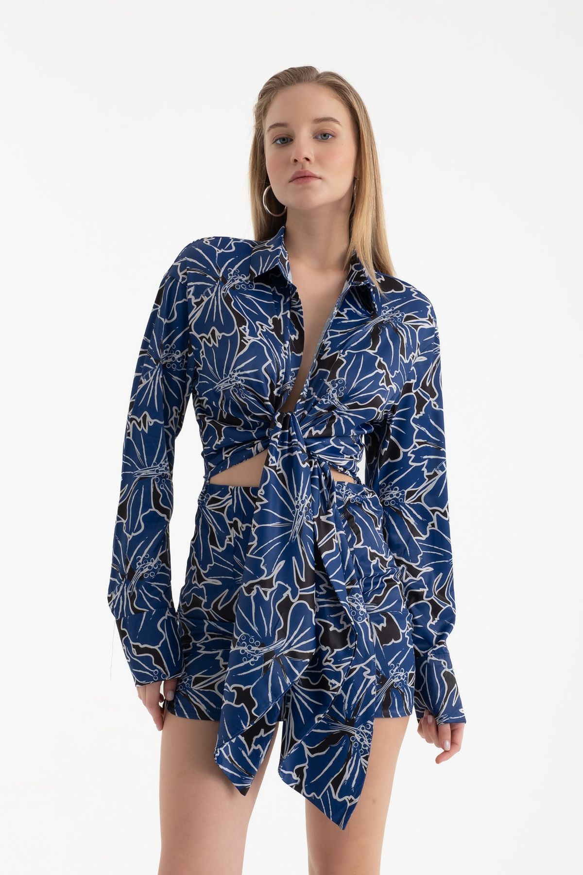 Floral Polo Collar Tie Front Side Cut Out Long Sleeve Mini Dress