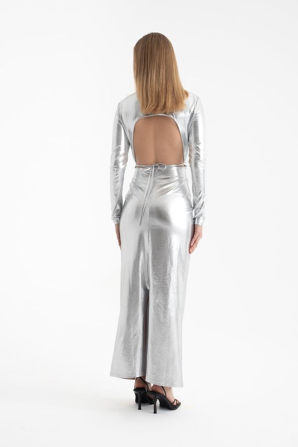 Metallic V Neck Cut Out Long Sleeve Maxi Dress 2