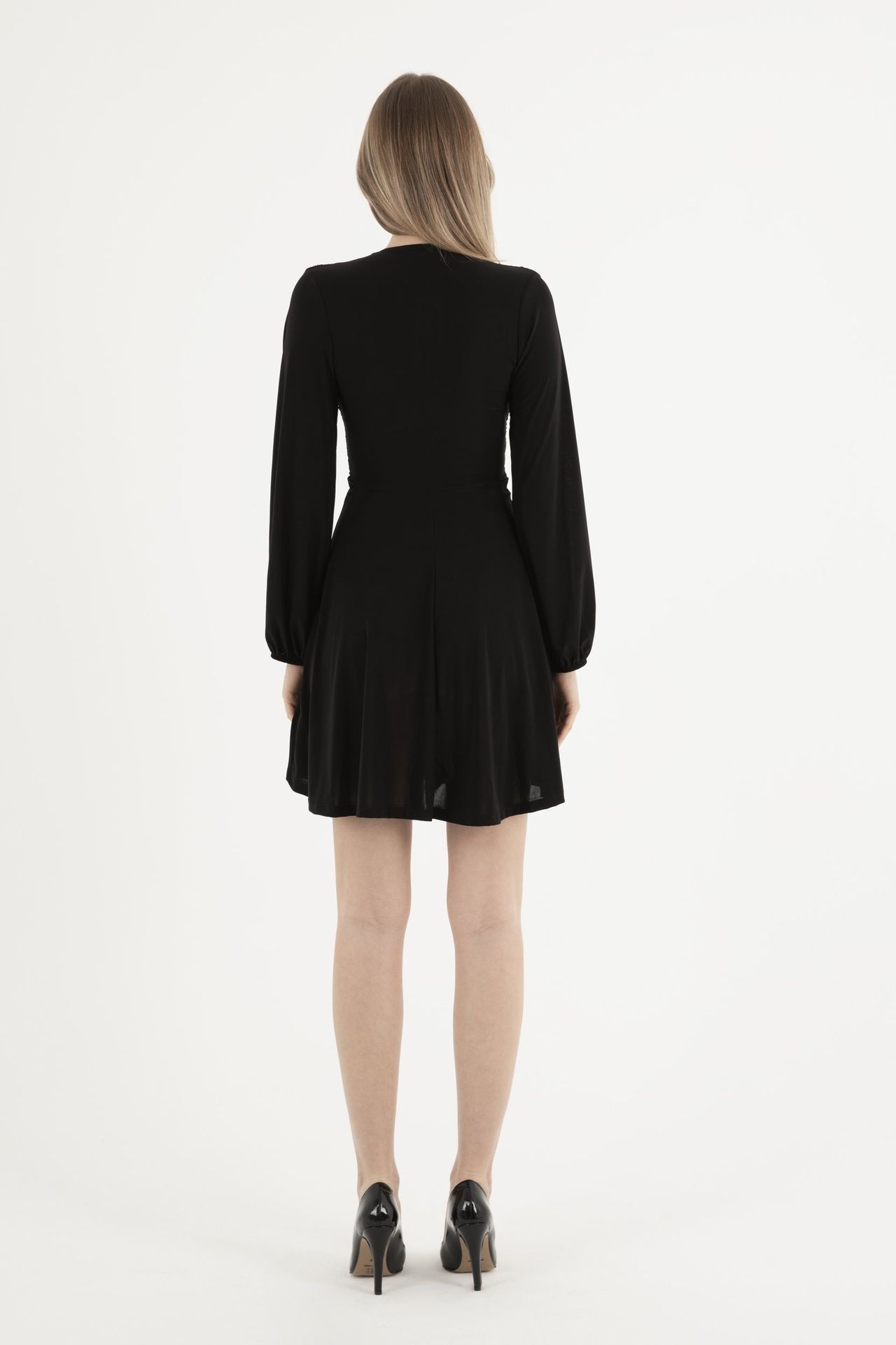 V Neck Long Sleeve Mini Skater Dress