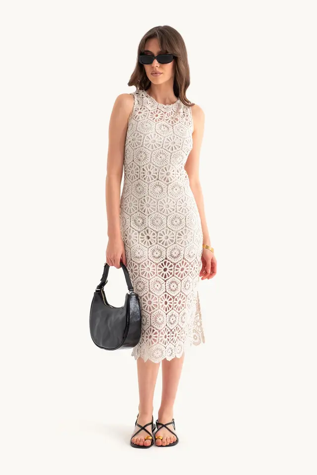 Lace Crochet Round Neck Midi Dress