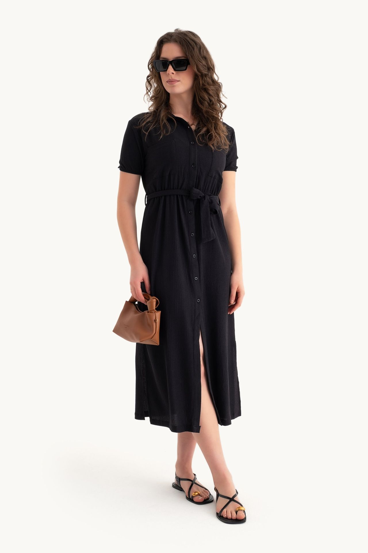 Midi Belted Shirt Dress with a Front Slit