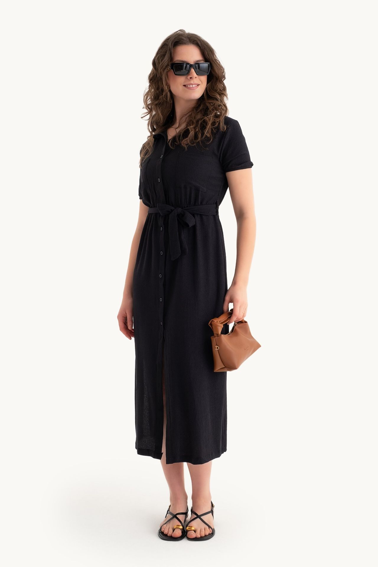 Midi Belted Shirt Dress with a Front Slit