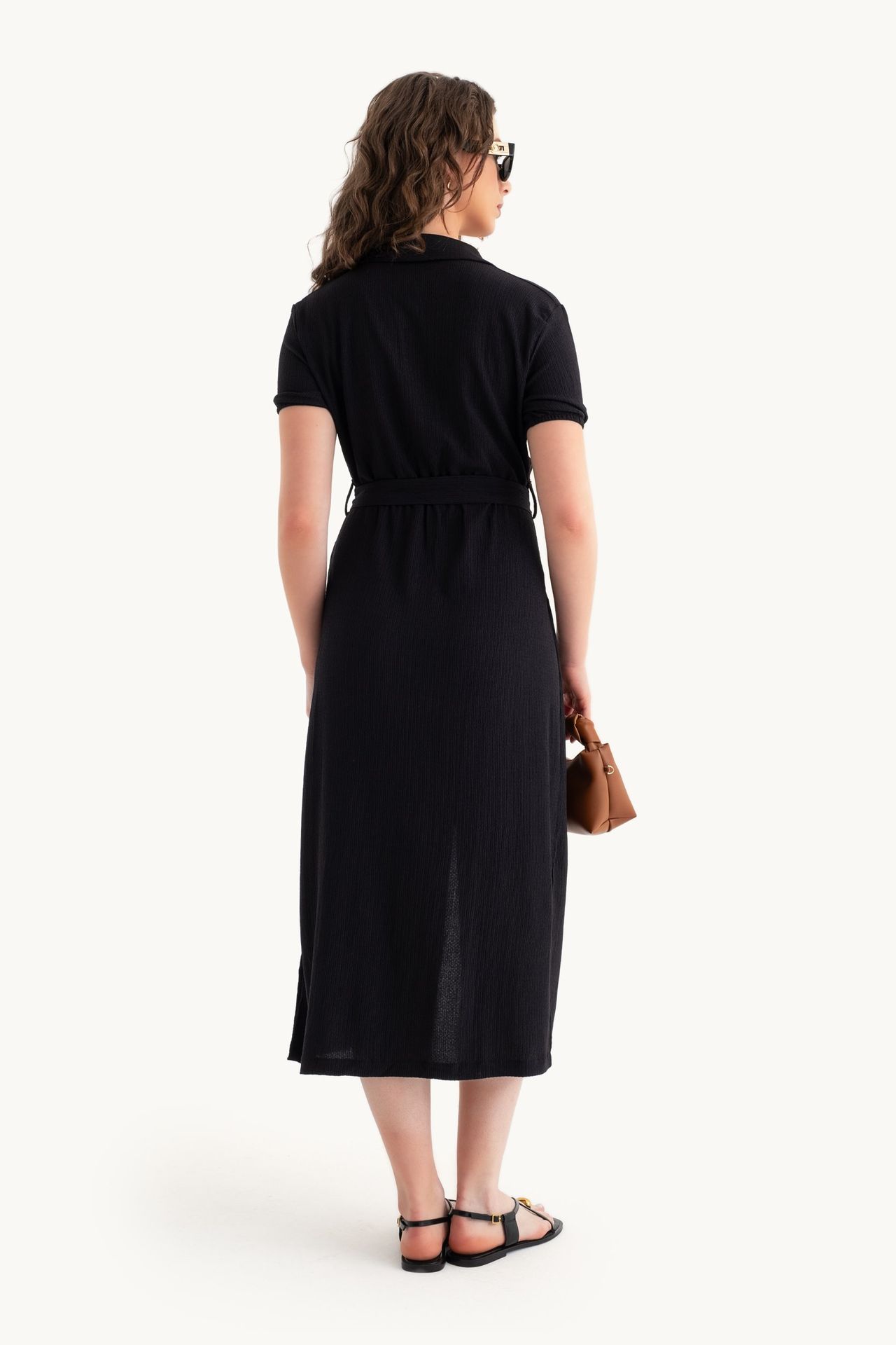 Midi Belted Shirt Dress with a Front Slit