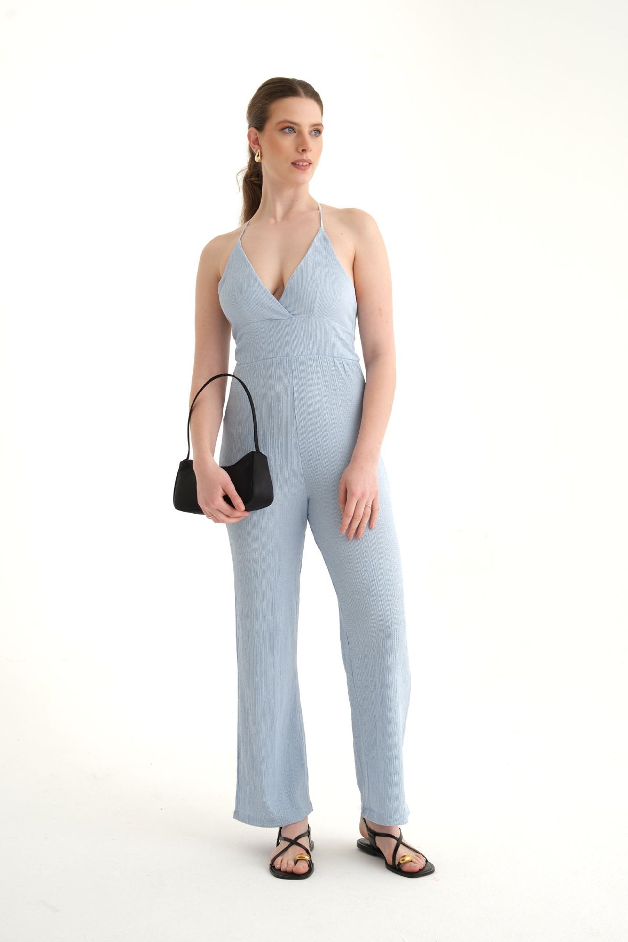 V Neck Straight Leg Sleeveless Jumpsuit with Back Detail