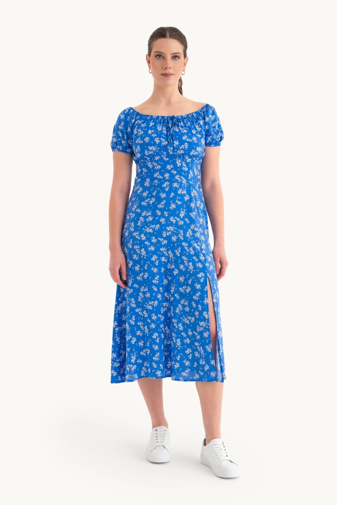 Floral Off Shoulder Puff Sleeves Midi Dress with a Side Slit