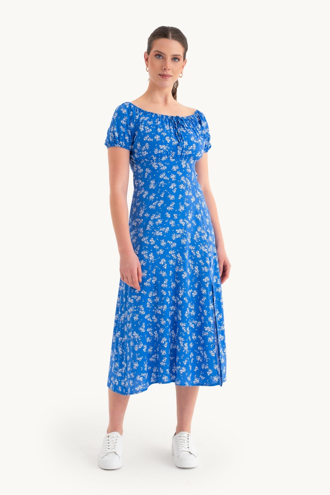 Floral Off Shoulder Puff Sleeves Midi Dress with a Side Slit