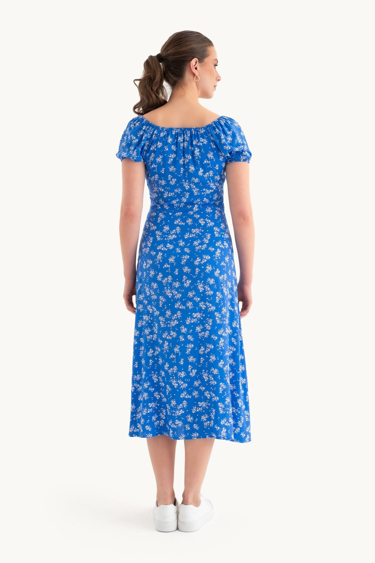 Floral Off Shoulder Puff Sleeves Midi Dress with a Side Slit