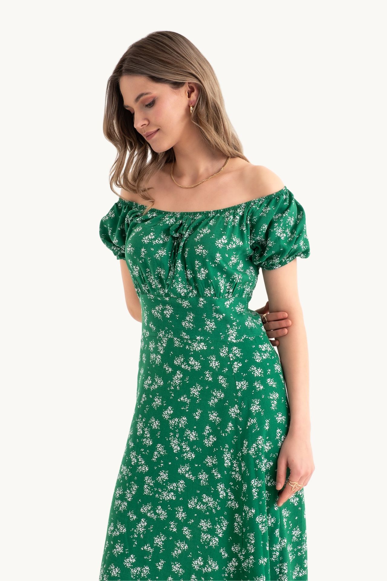 Floral Off Shoulder Puff Sleeves Midi Dress with a Side Slit