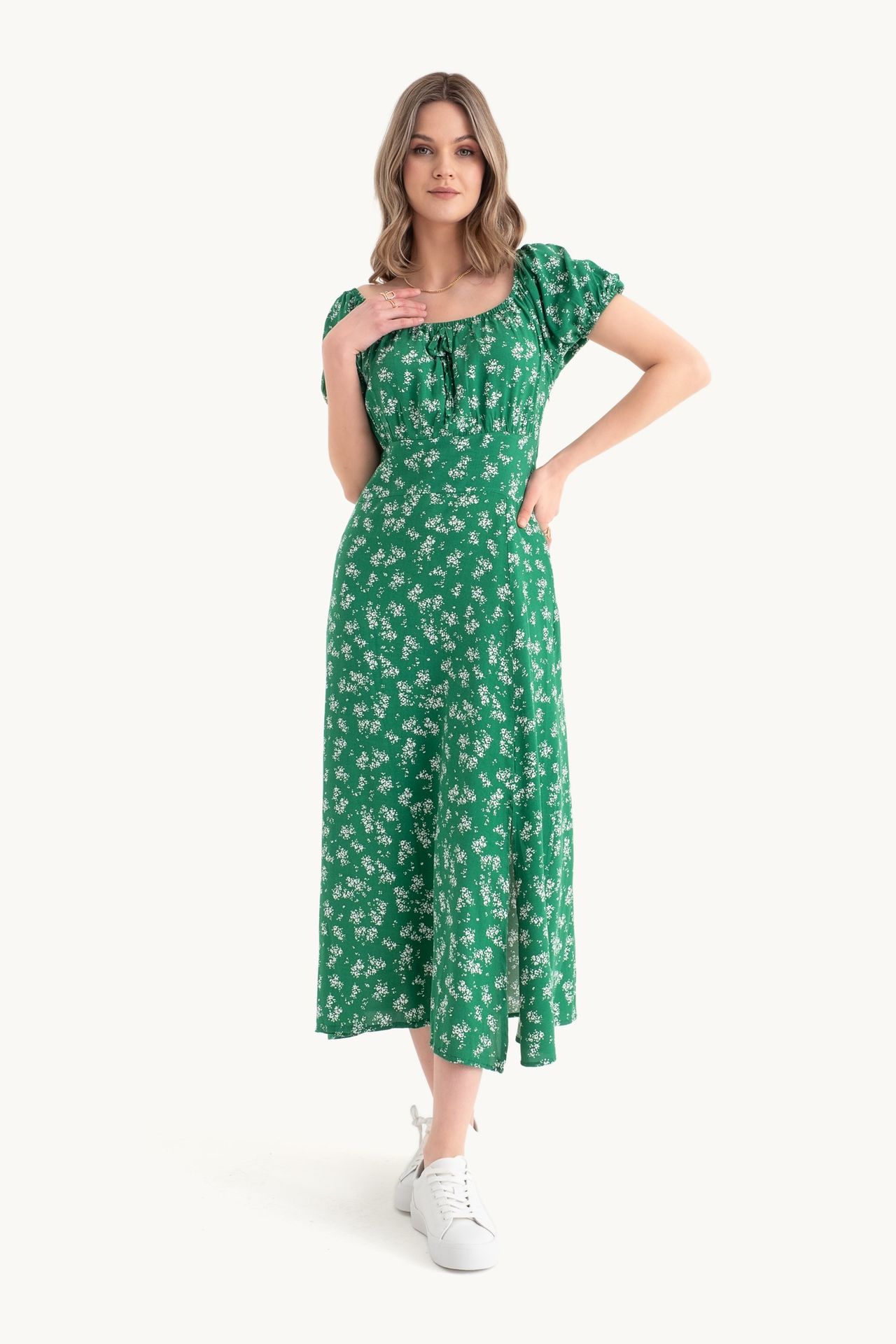 Floral Off Shoulder Puff Sleeves Midi Dress with a Side Slit