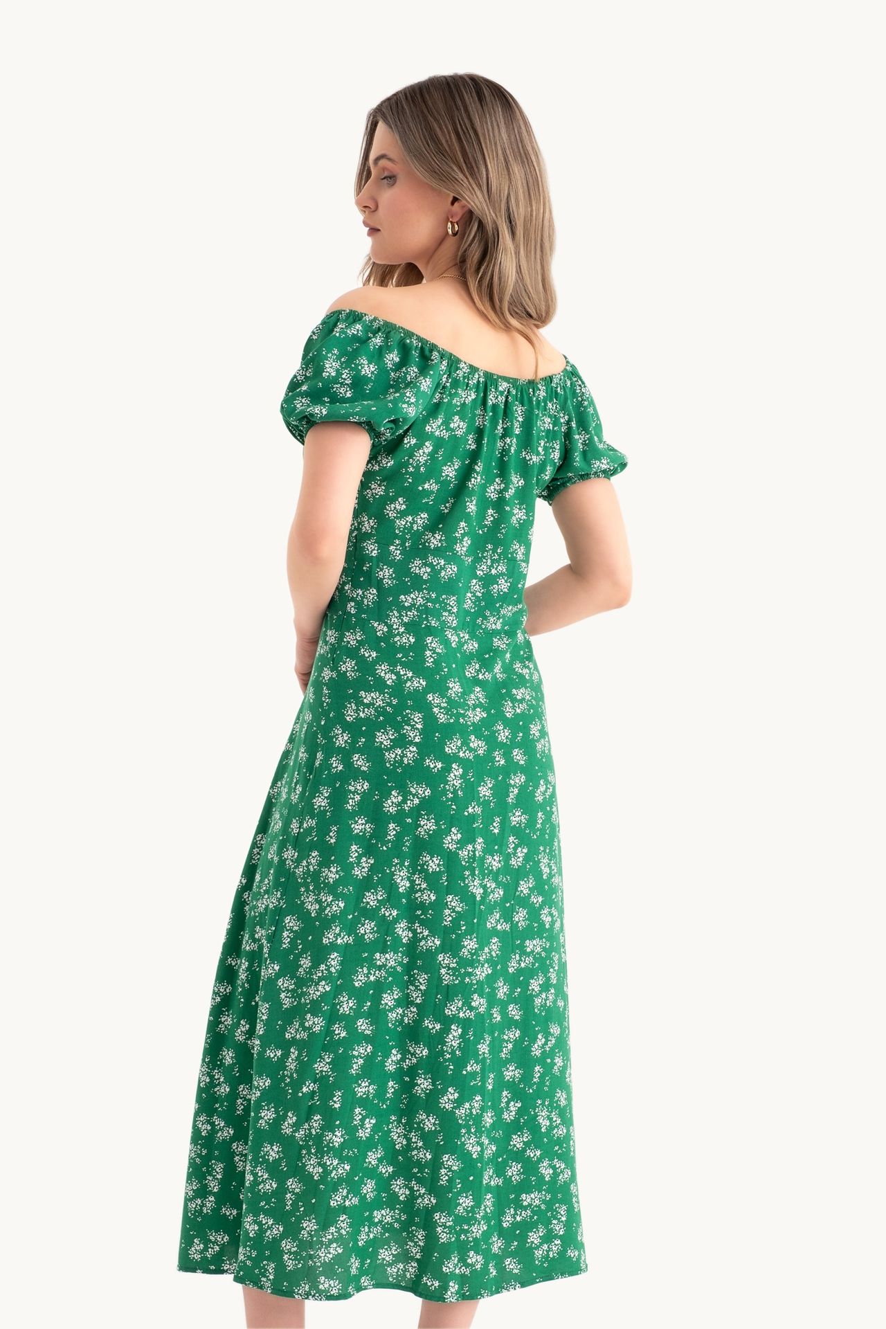 Floral Off Shoulder Puff Sleeves Midi Dress with a Side Slit