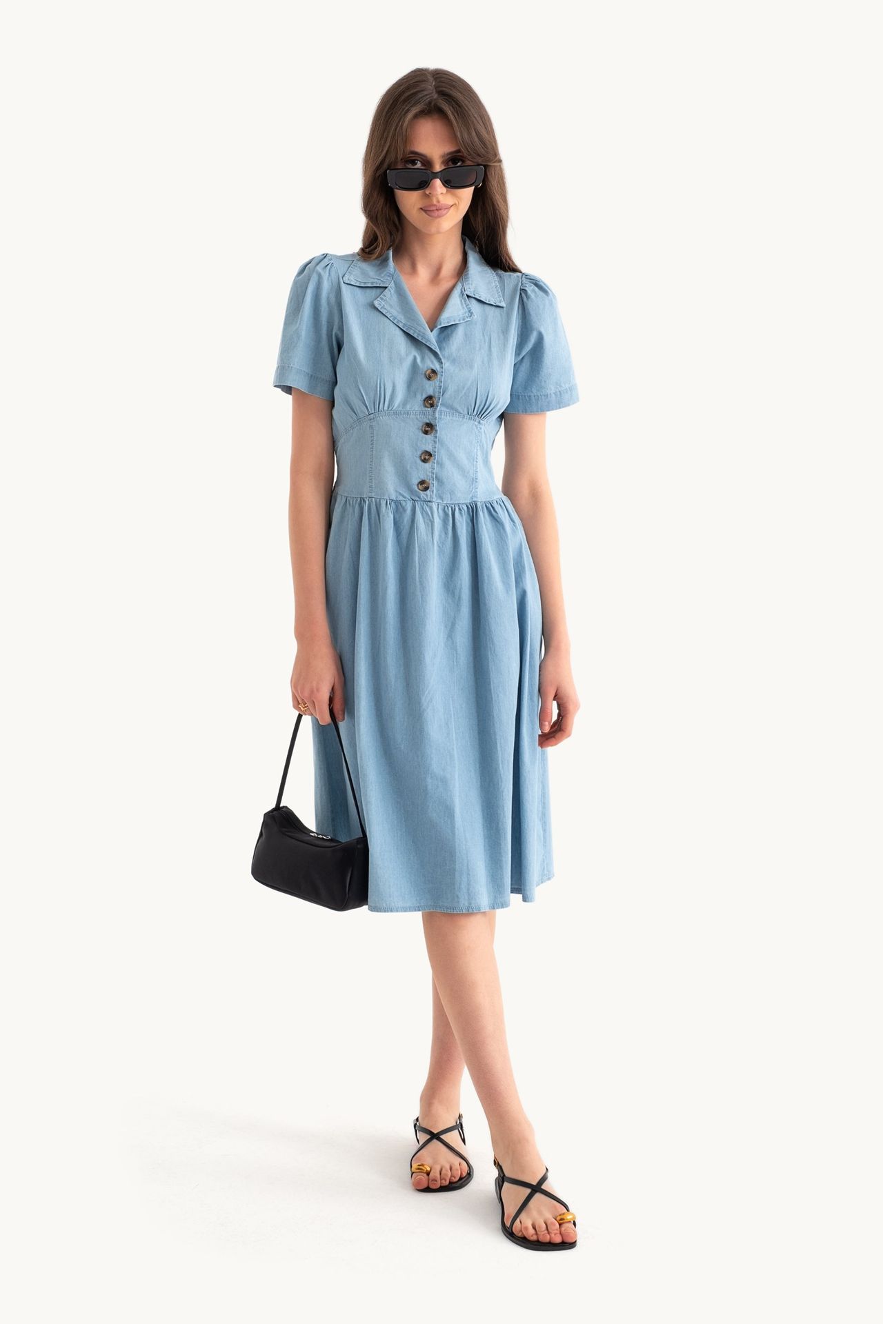 Denim Polo Collar Buttoned Midi Dress