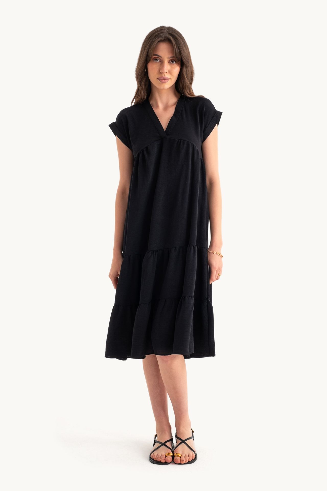 V Neck Tiered Midi Casual Dress