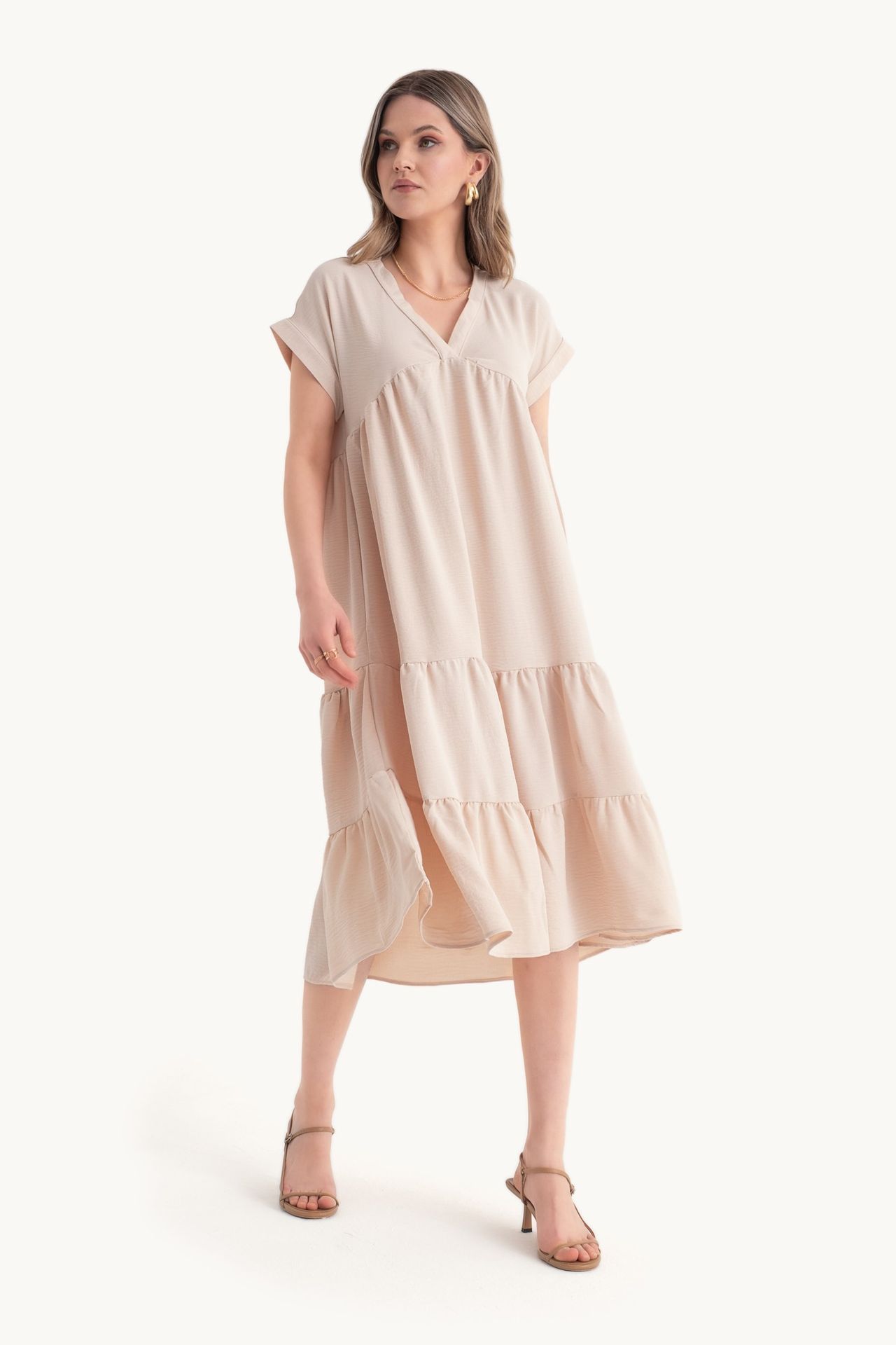 V Neck Tiered Midi Casual Dress