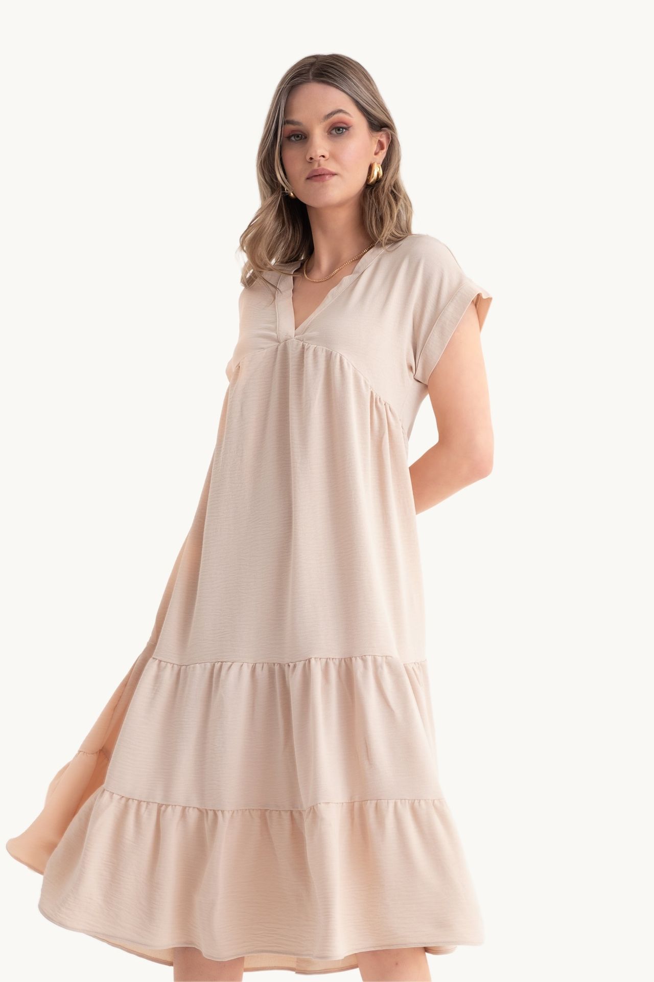 V Neck Tiered Midi Casual Dress
