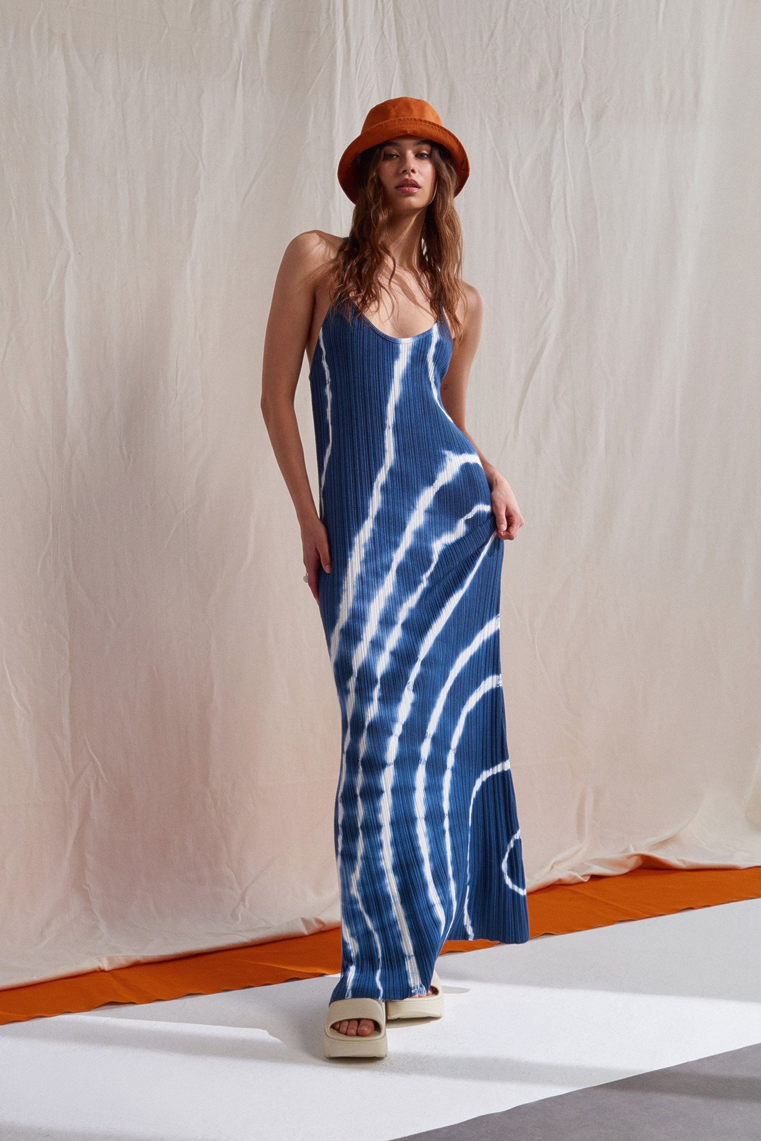 Blue Knitted Tie Dye Spaghetti Strap Maxi Dress Women