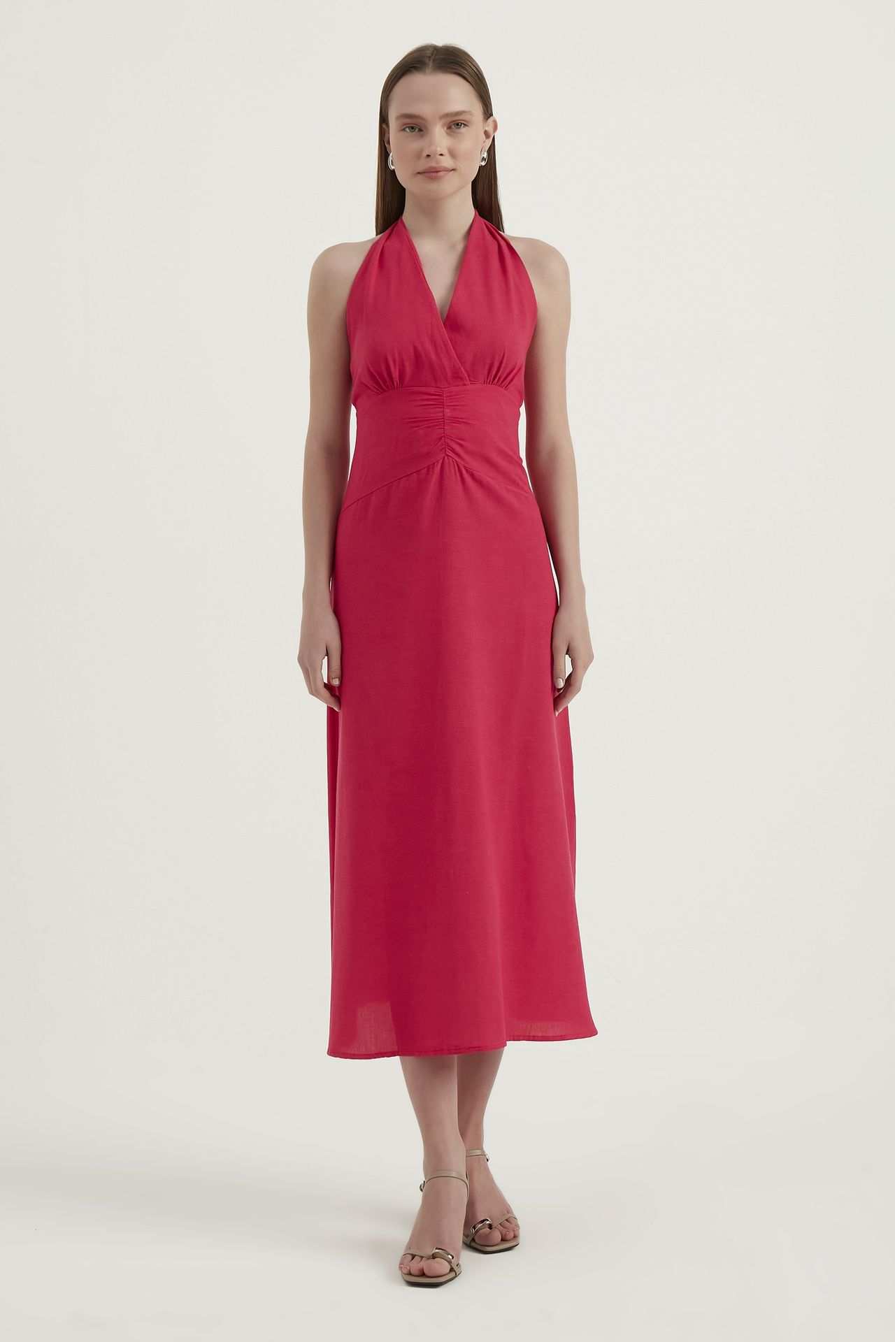 V Neck Tie Back Halter Maxi Dress