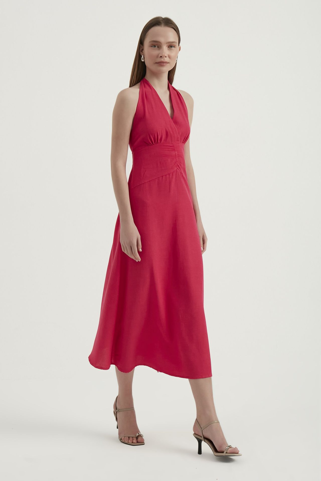 V Neck Tie Back Halter Maxi Dress