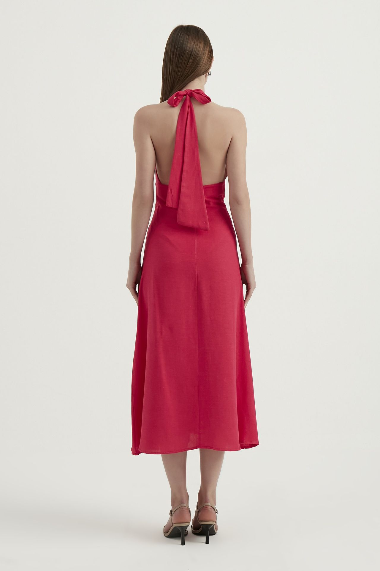 V Neck Tie Back Halter Maxi Dress