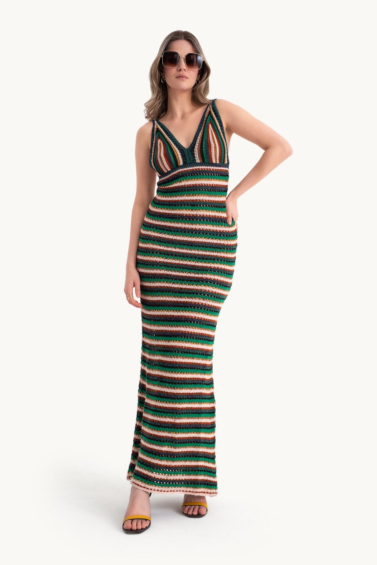 Knitted Striped V Neck Maxi Dress